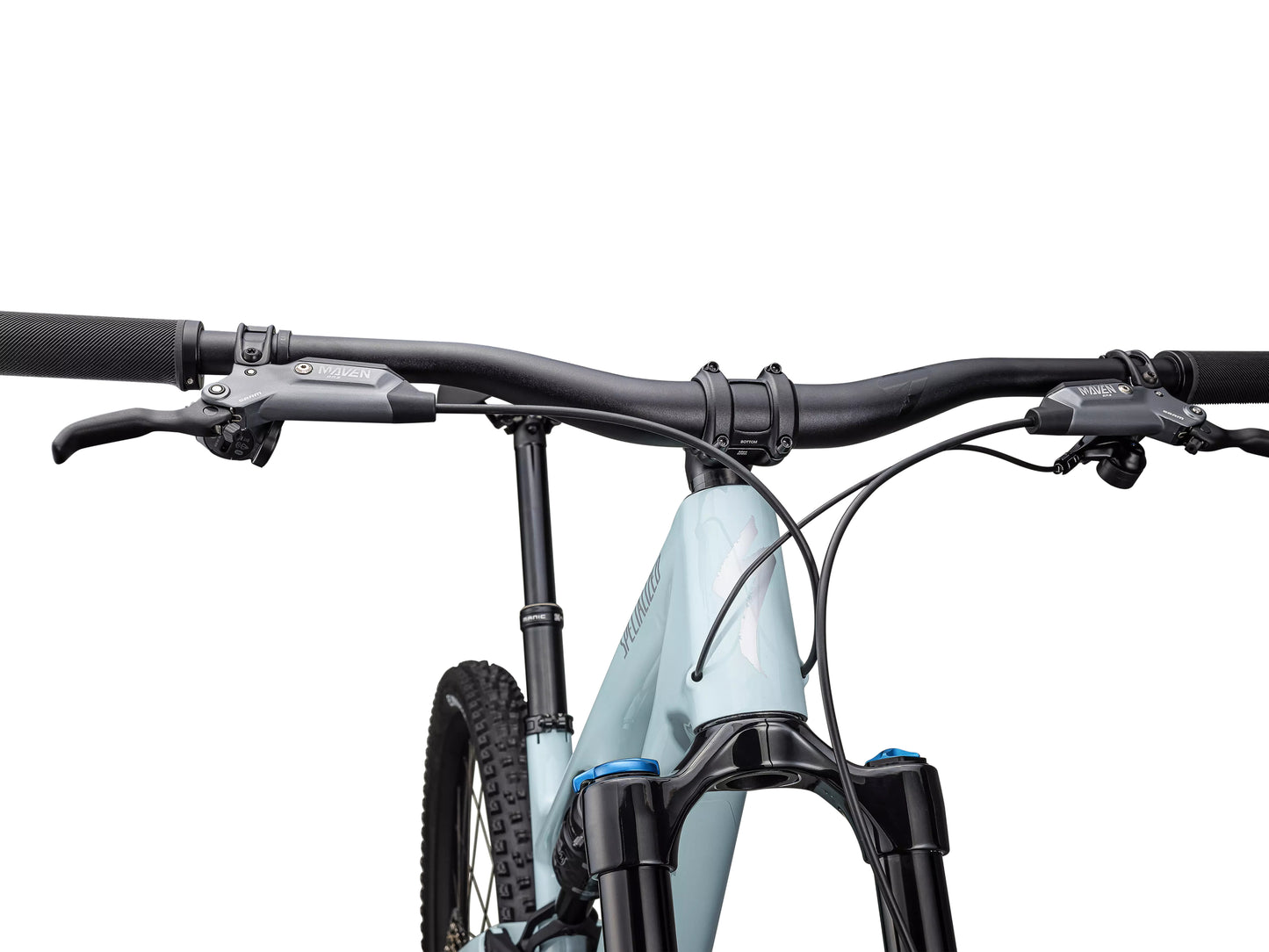 Specialized Stumpjumper 15 Comp Full Suspension Mountain bike Gloss seafoam / silver dust Handlebars and shifters closeup