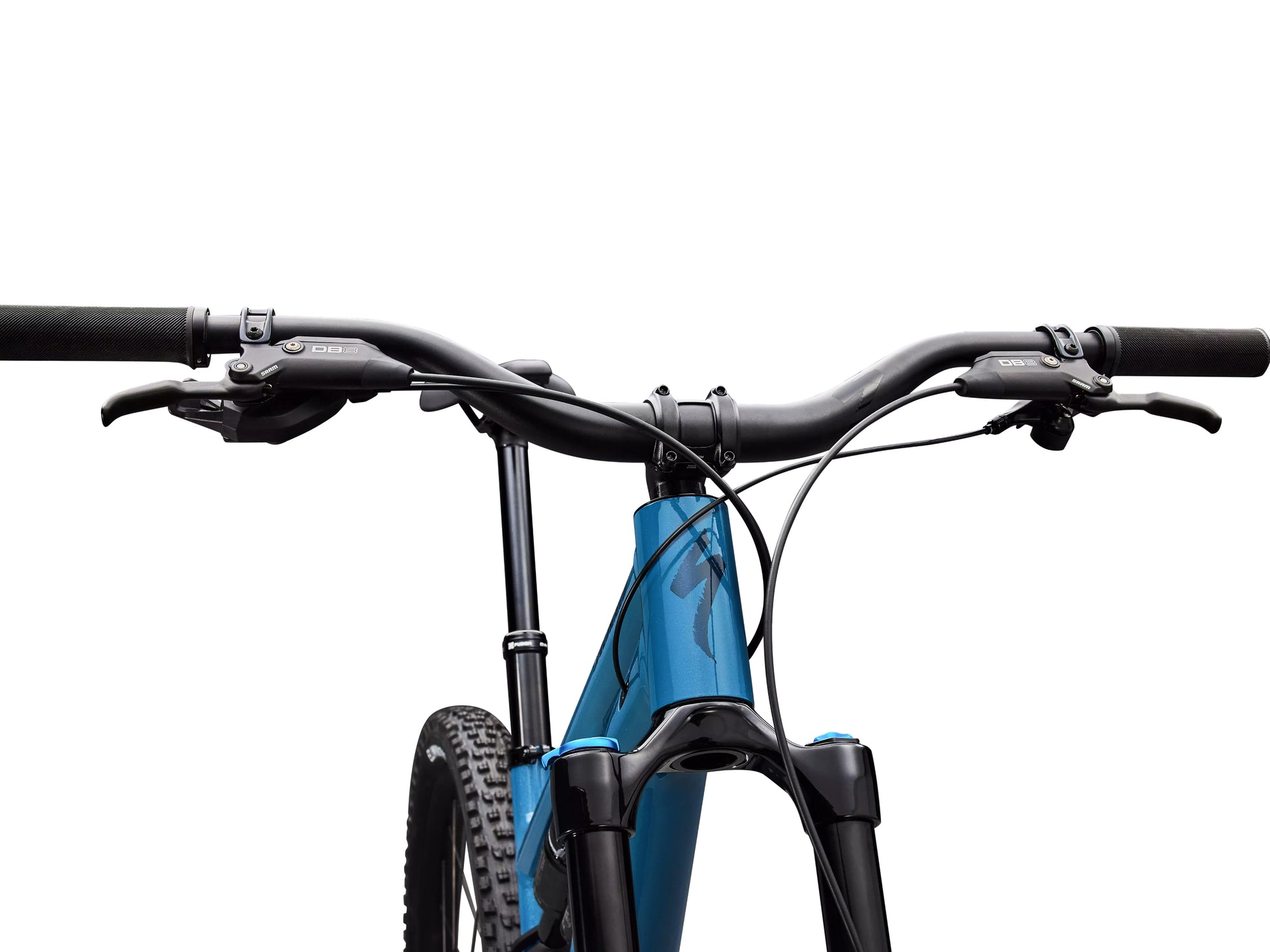 Specialized Stumpjumper 15 EVO Comp alloy Full Suspension Mountain bike Gloss grey blue / cast blue metallic Handlebars, stem, shifter closeup