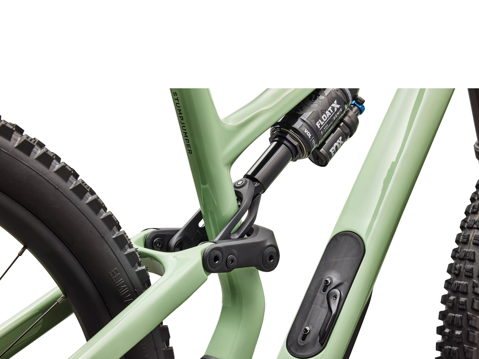 Specialized Stumpjumper 15 EVO Expert Di2 Full suspension mountain bike Gloss pistachio / dark moss green Fox Genie rear shock closeup