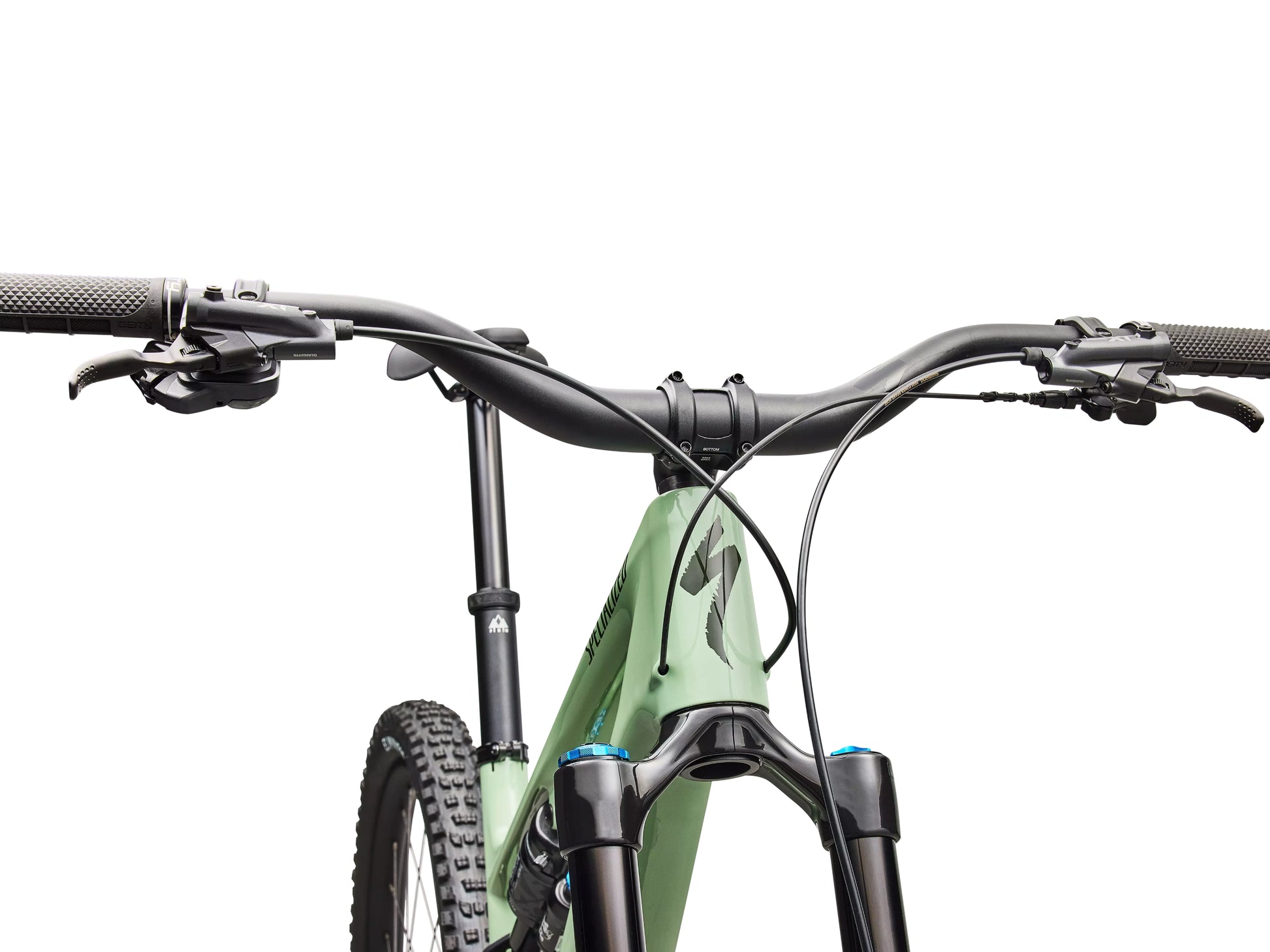 Specialized Stumpjumper 15 EVO Expert Di2 Full suspension mountain bike Gloss pistachio / dark moss green Handlebar, stem, shifters closeup