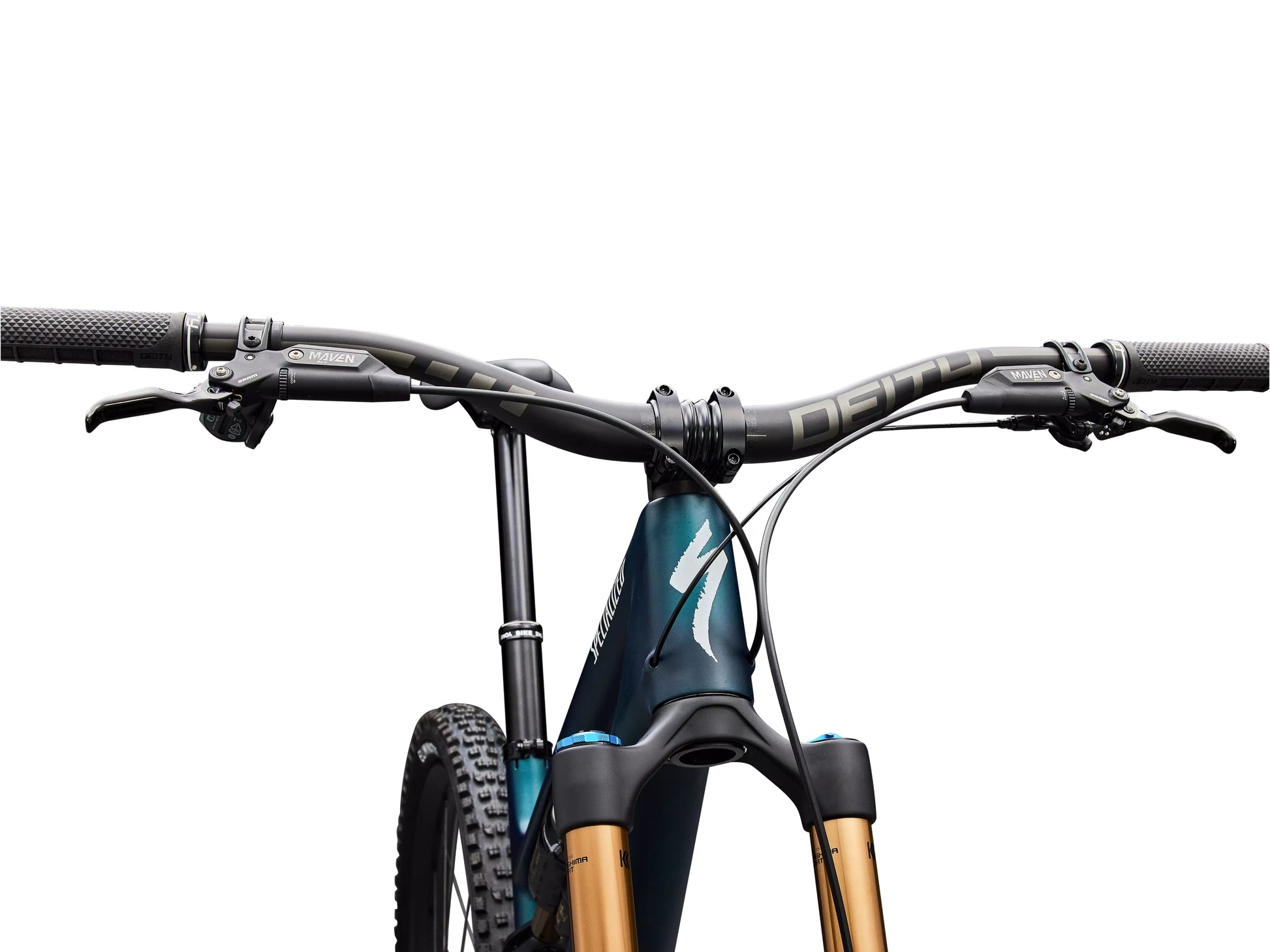 Specialized Stumpjumper 15 EVO Pro Full Suspension Mountain bike Satin teal tint / emerald metallic / dolomite metallic Handlebar, stem, shifters closeup