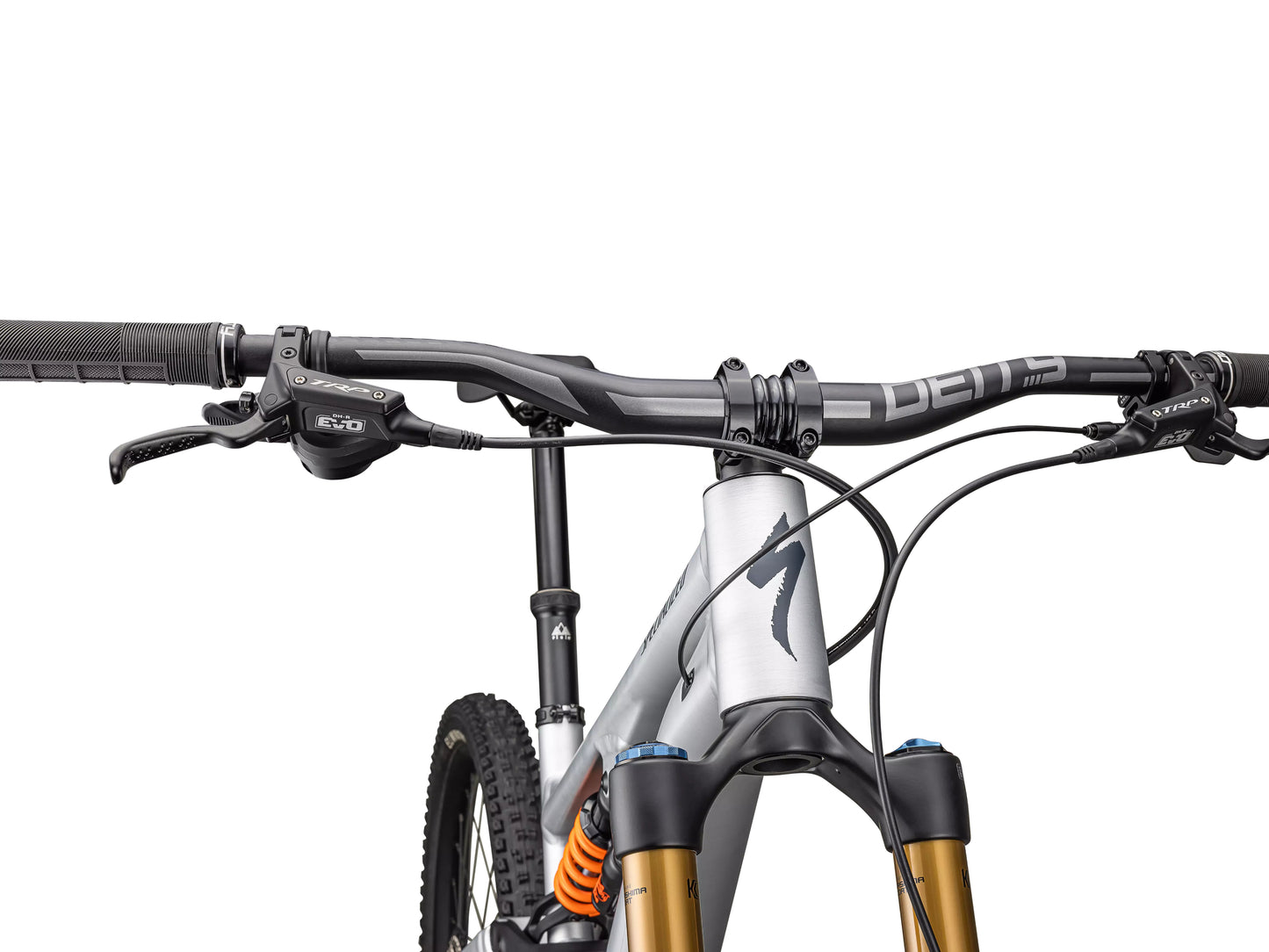 Specialized Stumpjumper 15 Fox Coil Alloy Full Suspension Mountain bike Satin brushed aluminum / cast blue Handlebars, shifters closeup