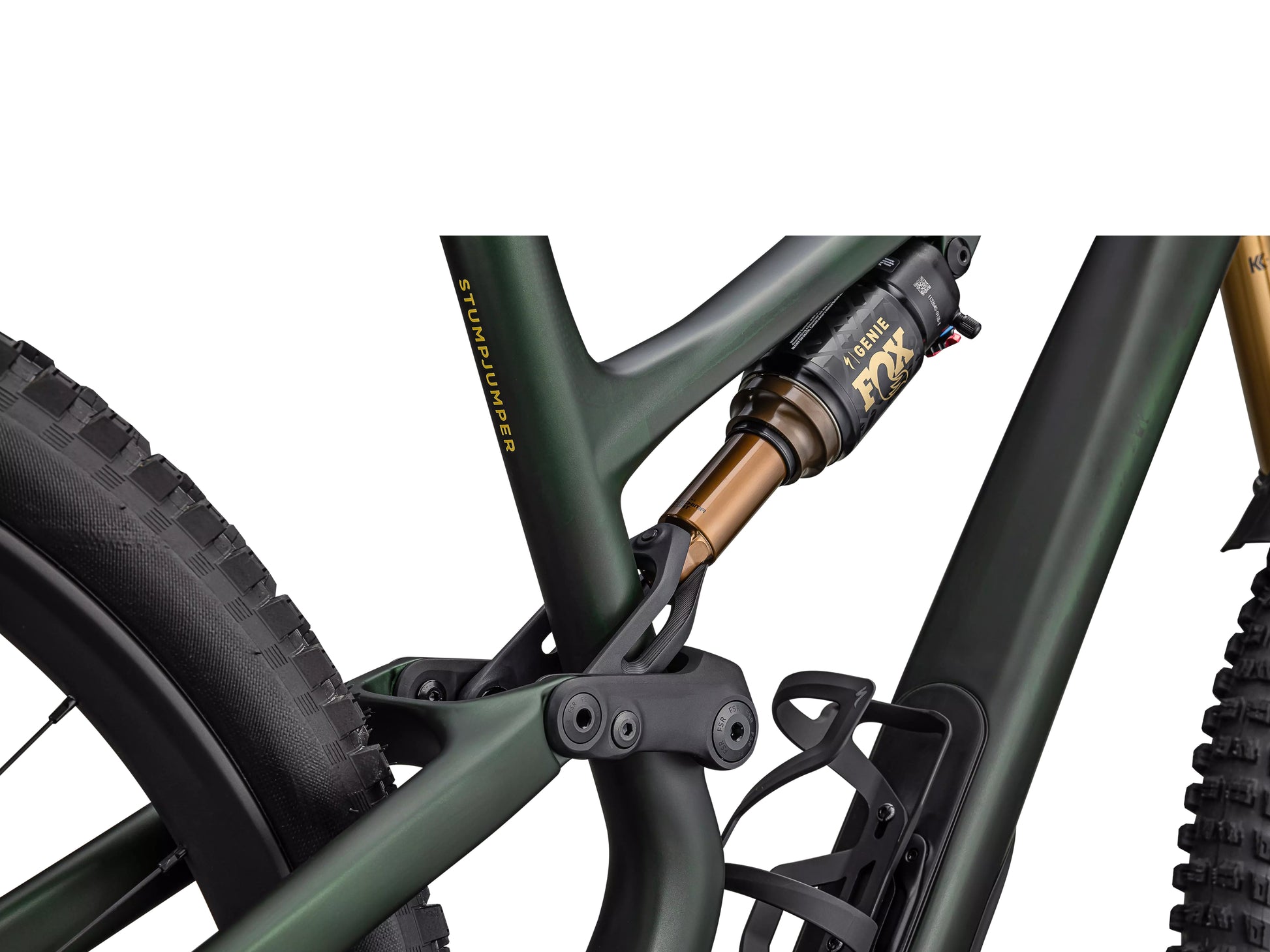 Specialized Stumpjumper 15 Pro Full Suspension Mountain bike Satin green tint / gunmetal / satin metallic sulphur Fox Genie rear shock closeup