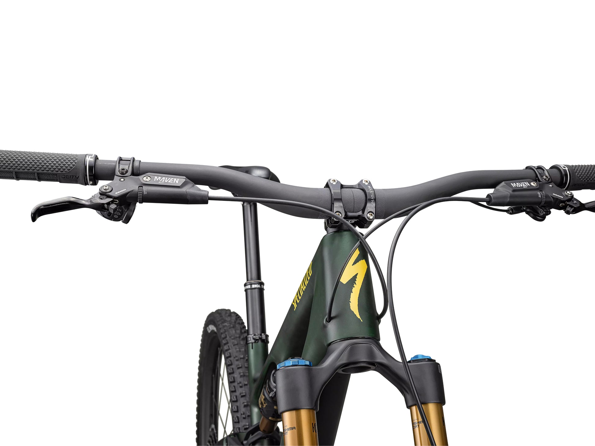 Specialized Stumpjumper 15 Pro Full Suspension Mountain bike Satin green tint / gunmetal / satin metallic sulphur Handlebar, stem, shifters closeup