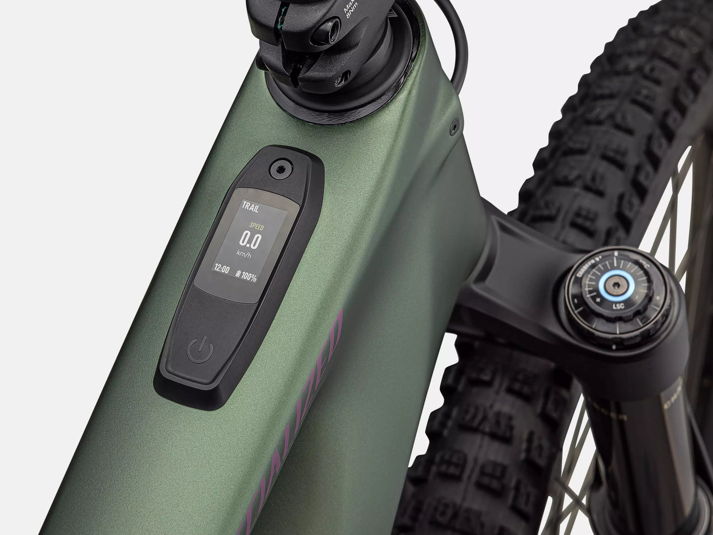 Specialized Turbo Kenevo SL 2 Expert Lightweight Enduro eMTB Cypress metallic / cast lilac Mastermind TCU remote closeup