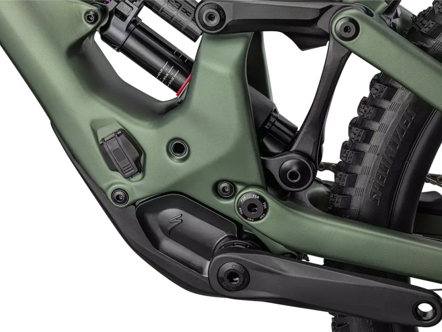 Specialized Turbo Kenevo SL 2 Expert Lightweight Enduro eMTB Cypress metallic / cast lilac Motor and rear shock closeup view