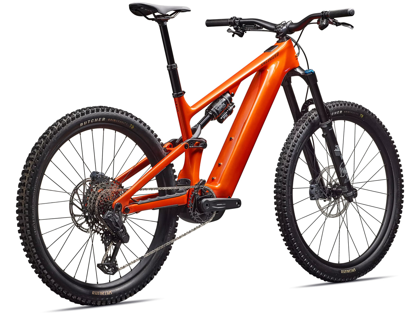 Specialized Turbo Levo Comp Full Suspension eMTB Gloss orange tint over silver dust / dark navy Rear facing view