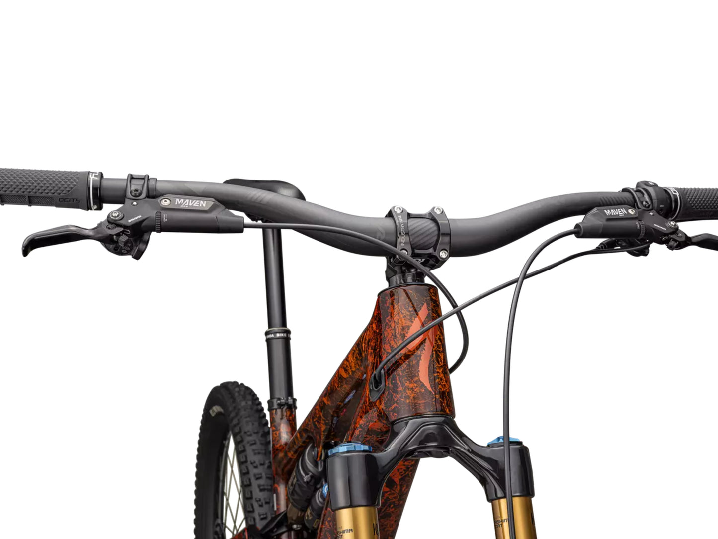 Specialized Turbo Levo SL 2 Pro Full suspension eMTB Orange tint / cool grey impasto / copper Handlebar, shifters and fork closeup