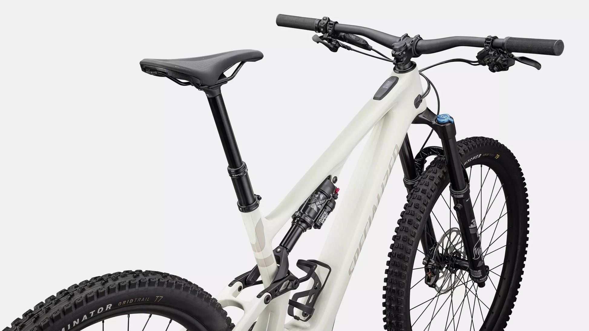 Specialized Turbo Levo SL Comp Carbon Full Suspension emtb Lightweight Gloss Birch / white mountains Rear facing view closeup