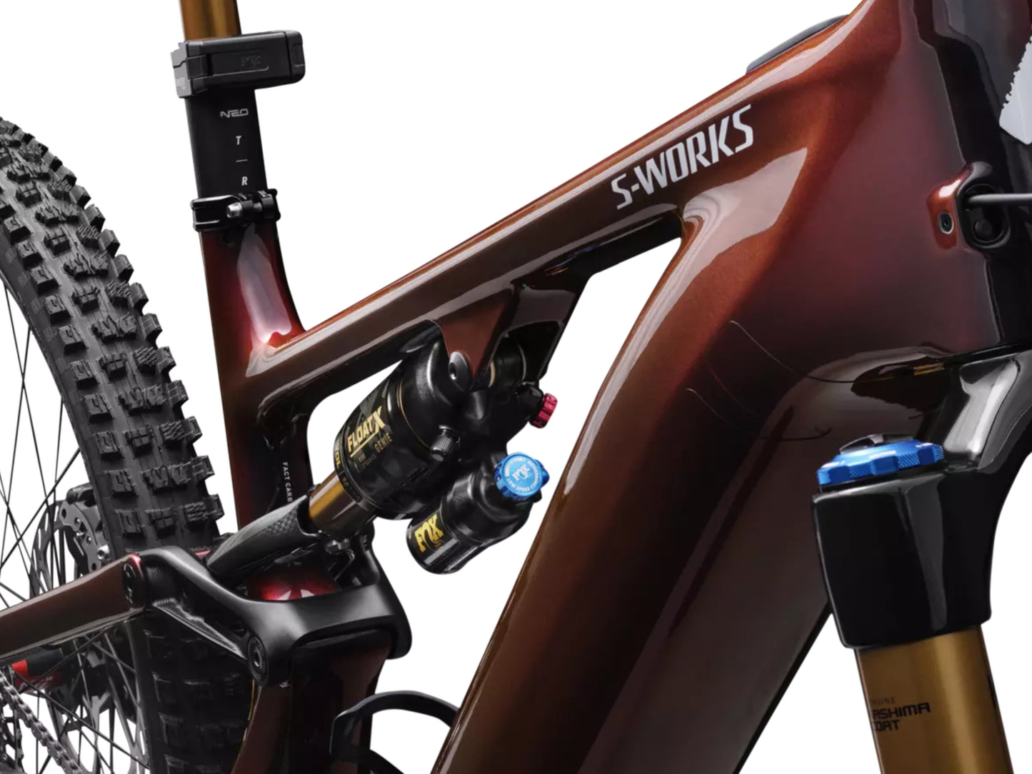 Specialized Turbo Levo S-Works Full suspension eMTB Gloss red pearl / black metallic / white silver metallic Fox FloatX Genie rear shock closeup