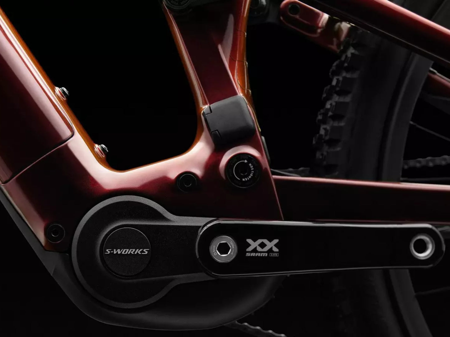 Specialized Turbo Levo S-Works Full suspension eMTB Gloss red pearl / black metallic / white silver metallic Motor Closeup