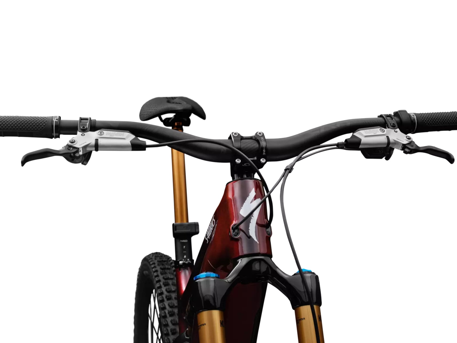Specialized Turbo Levo S-Works Full suspension eMTB Gloss red pearl / black metallic / white silver metallic Cockpit rear view angle