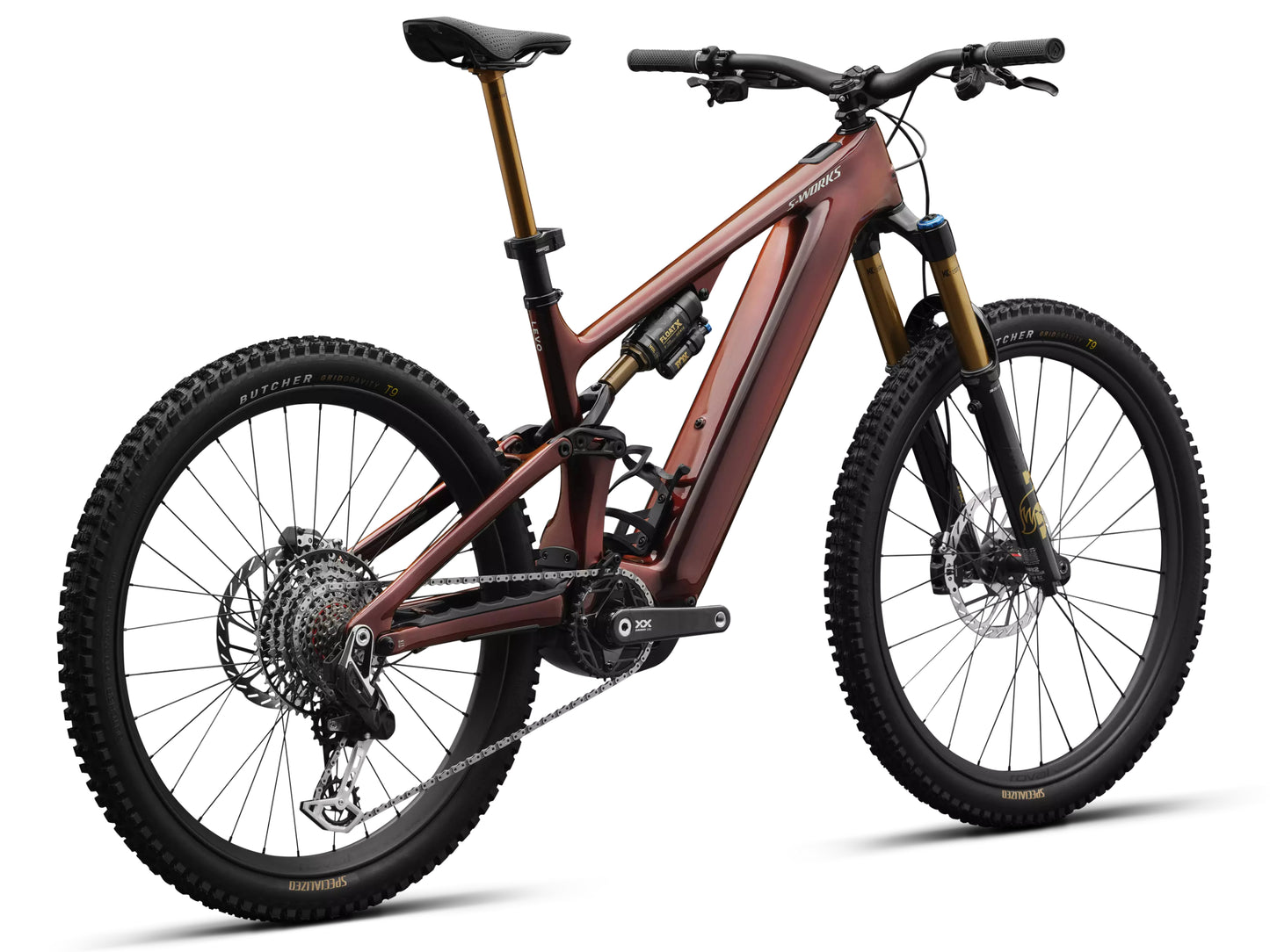Specialized Turbo Levo S-Works Full suspension eMTB Gloss red pearl / black metallic / white silver metallic Rear facing view