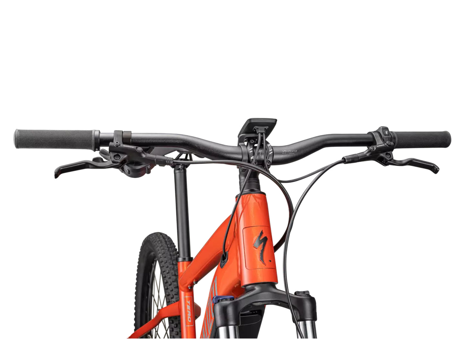 Specialized Trubo Tero 3.0 Gloss redwood / satin black reflective Hardtail eMTB Handlebar, Stem, Shifter closeup