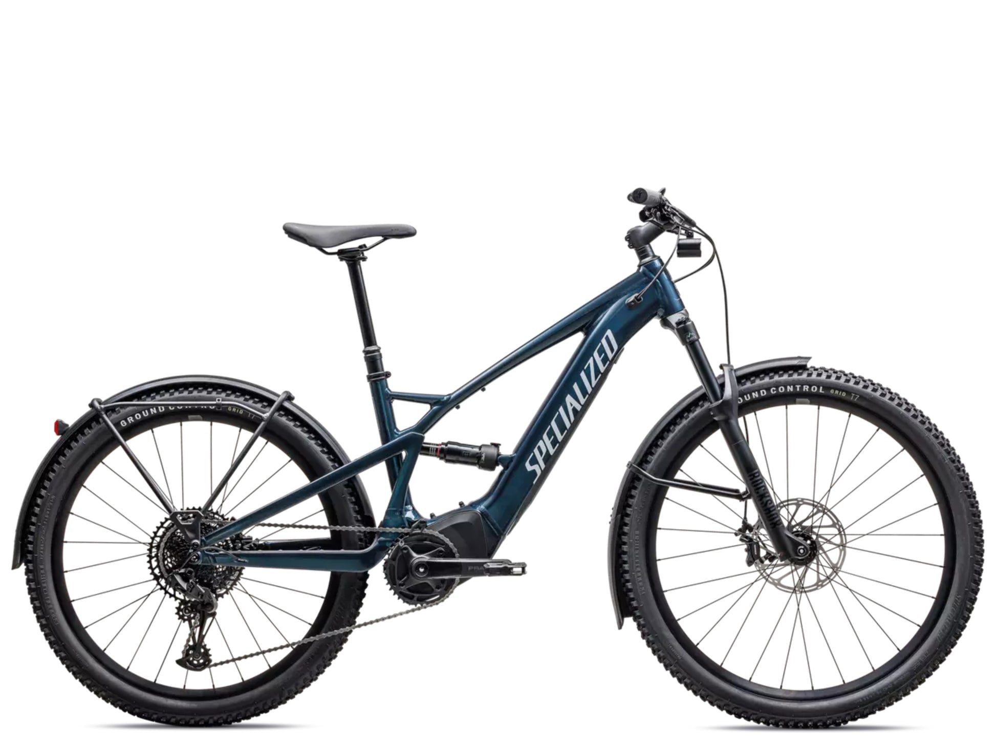 Specialized Tero X 4.0 eMTB Gloss metallic deep lake / silver dust side profile on Fly Rides USA