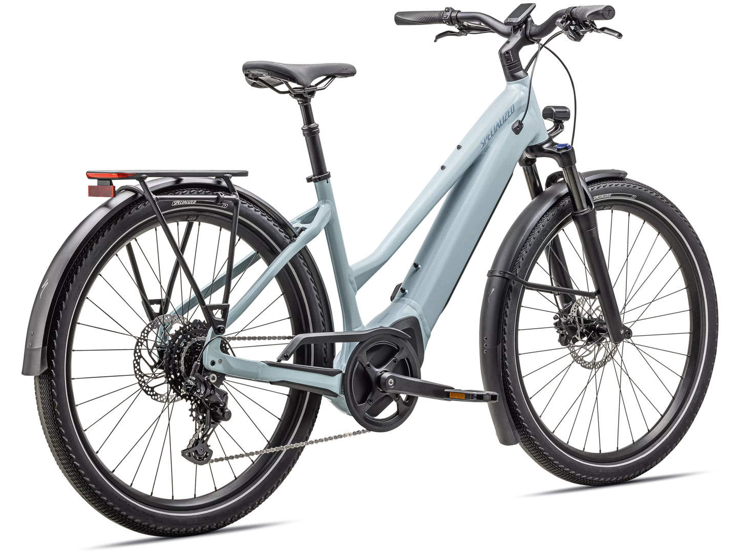 Specialized Turbo Vado 4.0 Step through Satin seafoam / lapis pearl / glacial metallic Commuter eMTB hardtail rear facing view