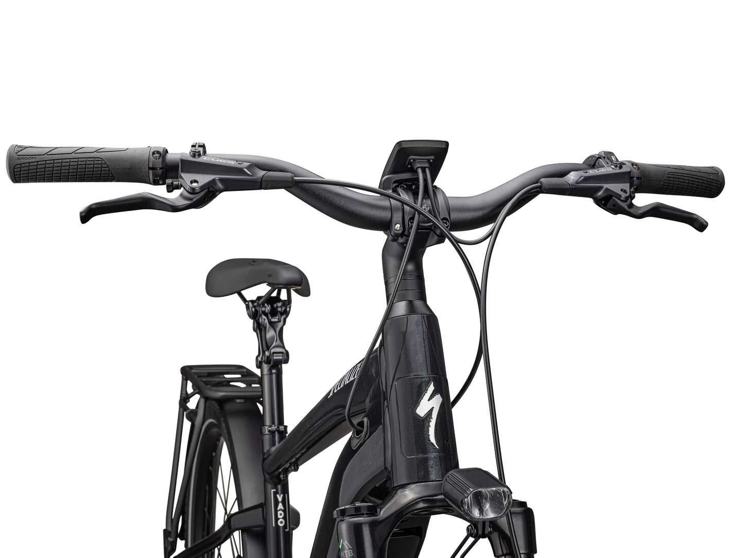 Specialized Turbo Vado 5.0 IGH Road / commuter Gloass castblack / Silver reflective Cockpit closeup Forward facing view