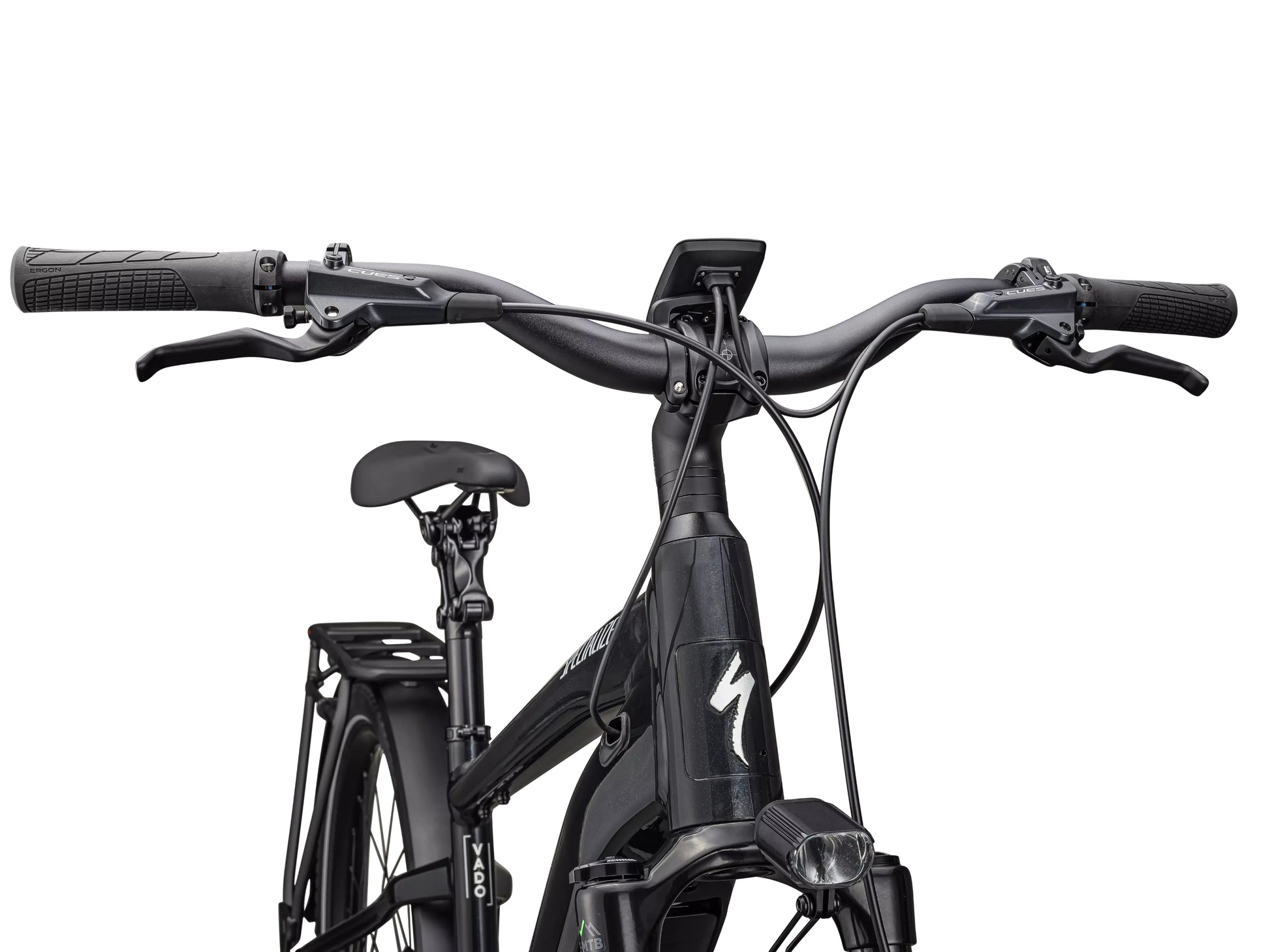 Specialized Turbo Vado 5.0 IGH  Road / commuter Gloass castblack / Silver reflective Cockpit closeup Forward facing view