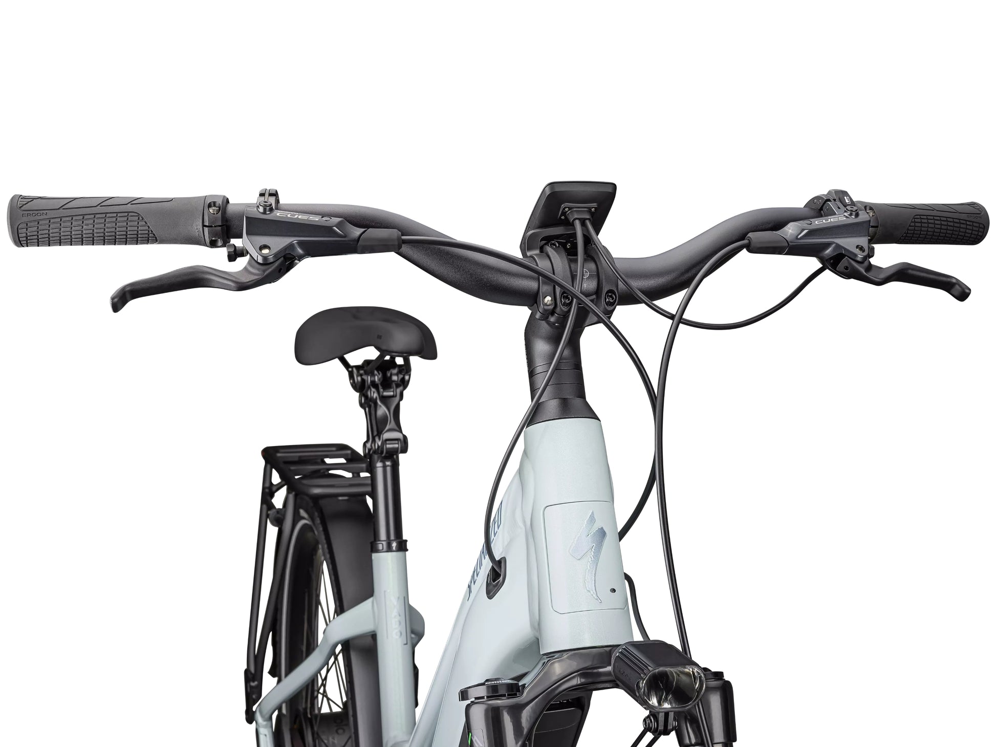 Specialized Turbo Vado 5.0 IGH Step Through Road / commuter Seafoam lapis pearl / glacial metallic Cockpit closeup Forward view