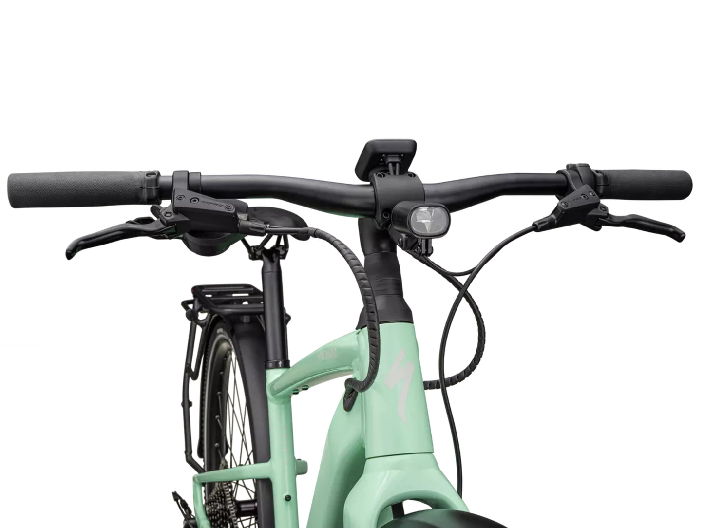 Specialized Turbo Vado SL 2 5.0  Lightweight Road / commuter electric bike Gloss oasis / dune white frost Handlebar, headlight, shift lever closeup