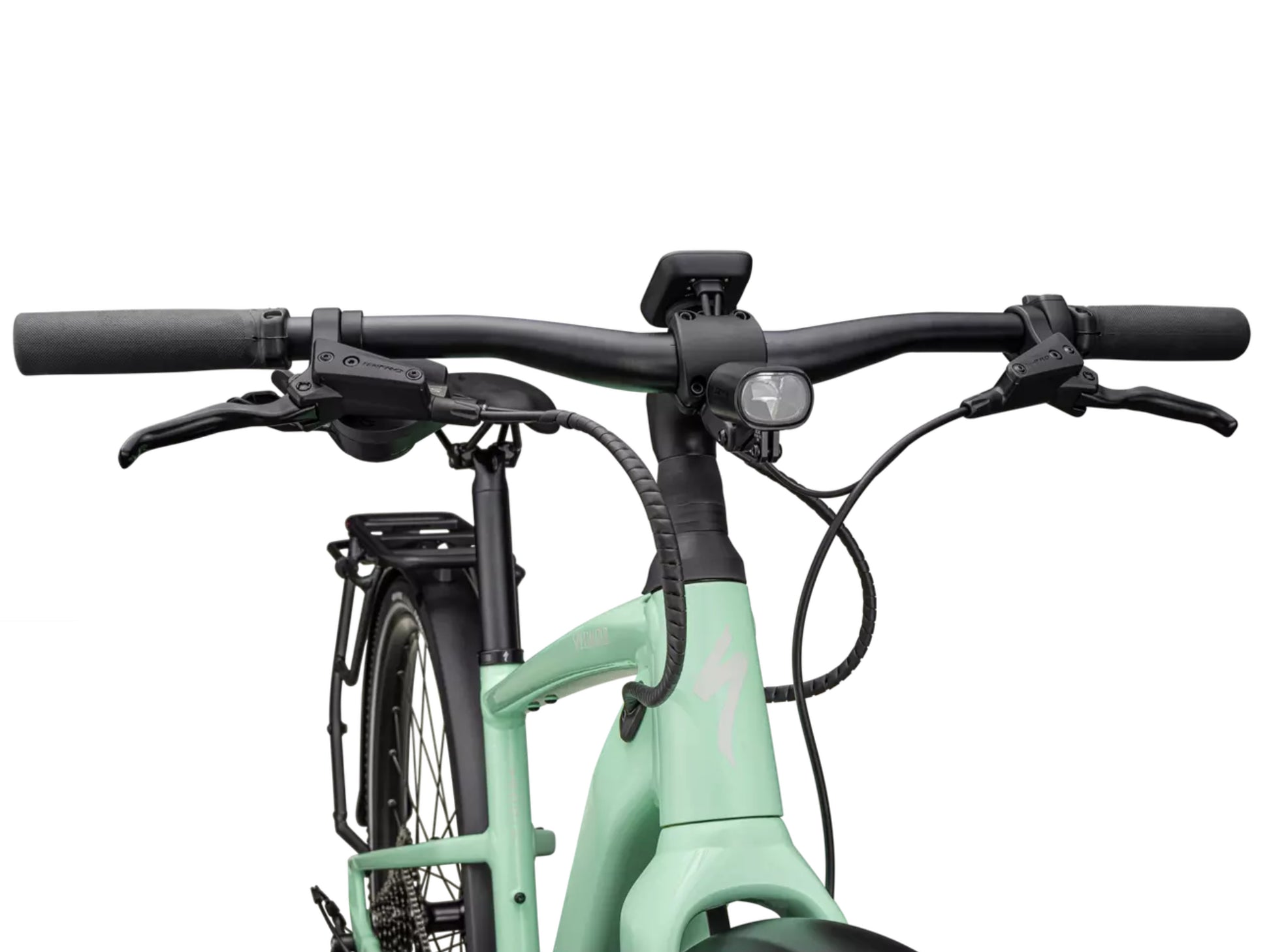 Specialized Turbo Vado SL 2 5.0  Lightweight Road / commuter electric bike Gloss oasis / dune white frost Handlebar, headlight, shift lever closeup