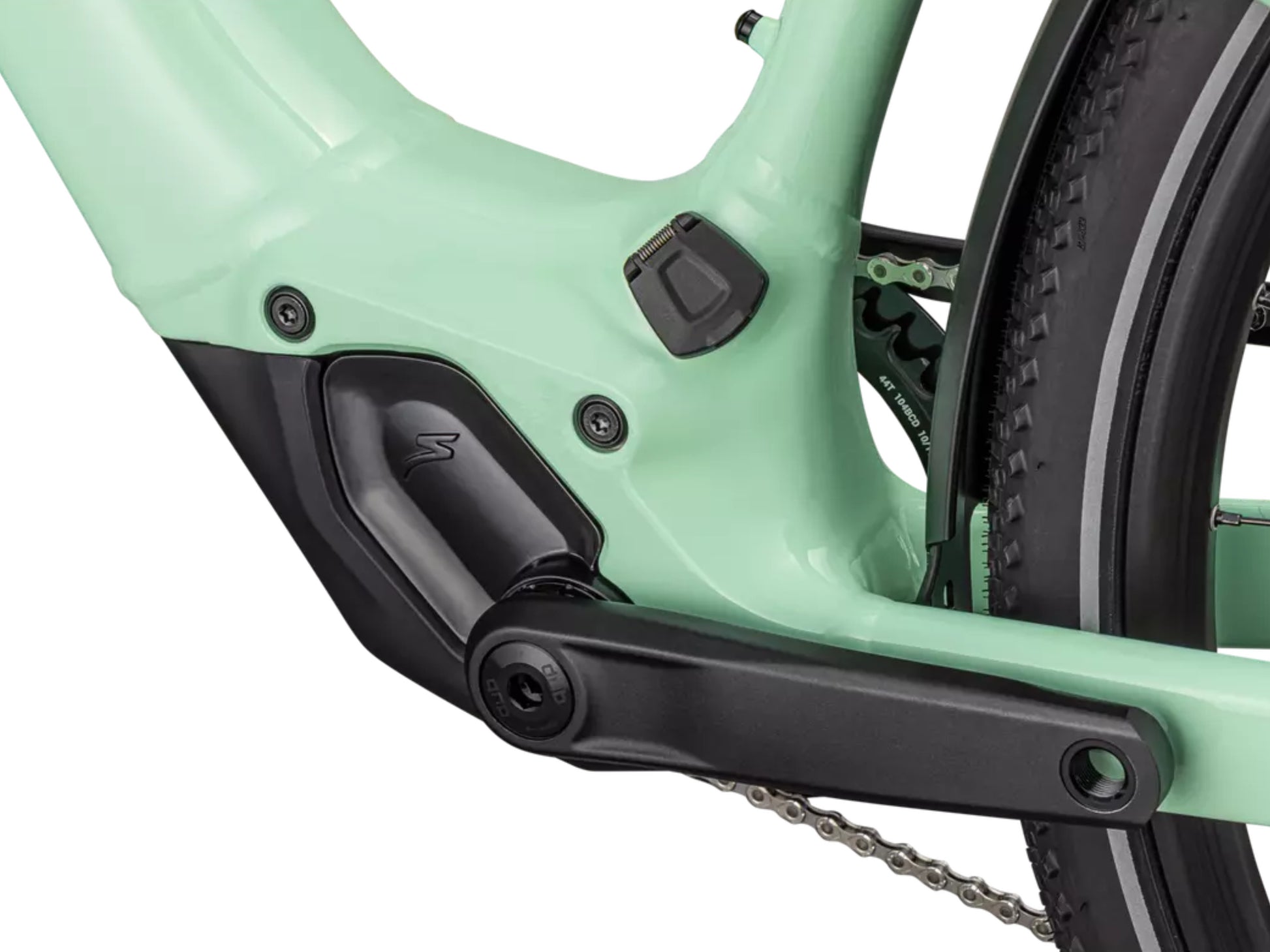 Specialized Turbo Vado SL 2 5.0  Lightweight Road / commuter electric bike Gloss oasis / dune white frost Motor, crank, charing port closeup