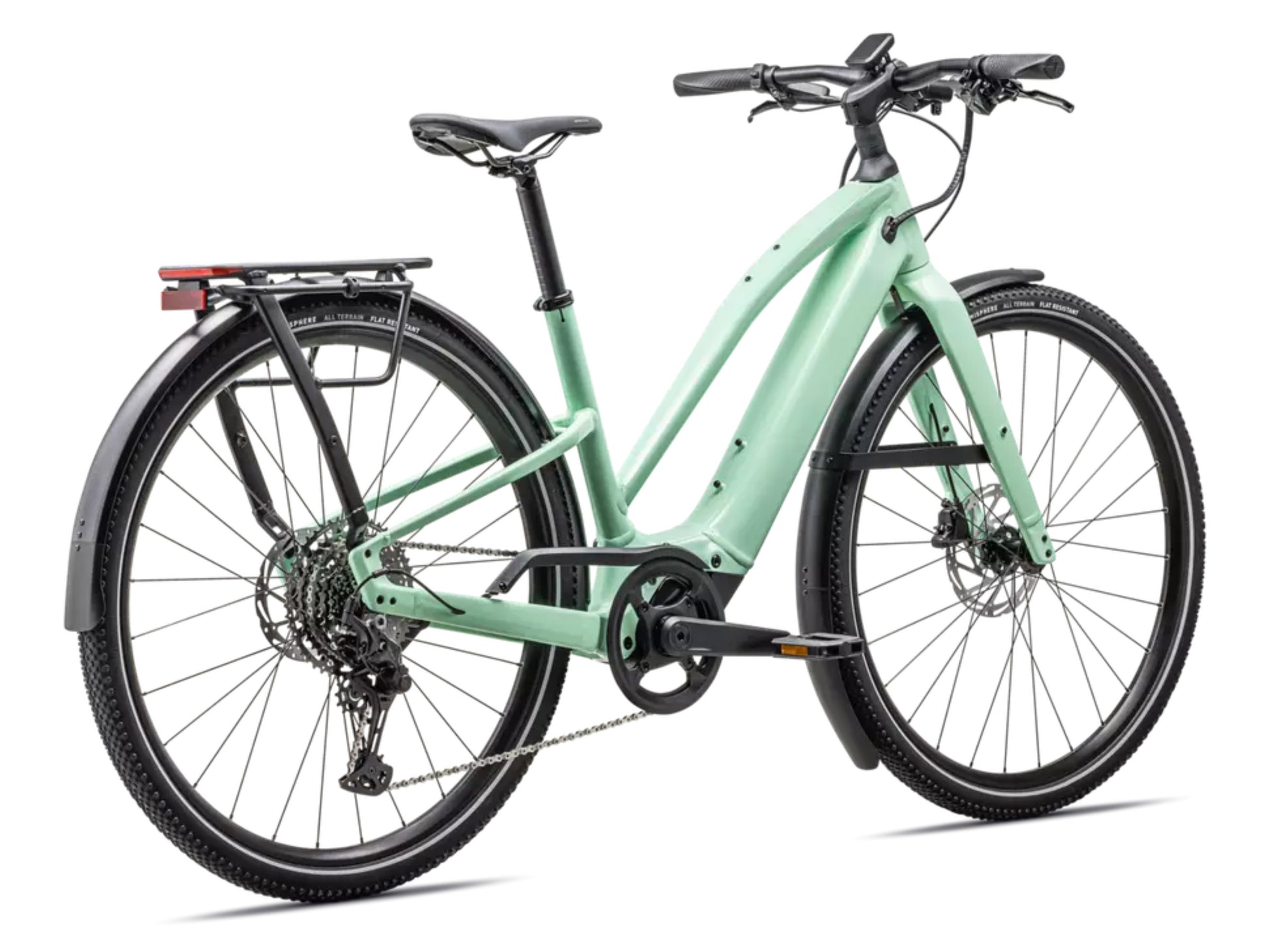 Specialized Turbo Vado SL 2 5.0 Step-Through Lightweight Road / commuter electric bike Gloss oasis / dune white frost Rear facing view