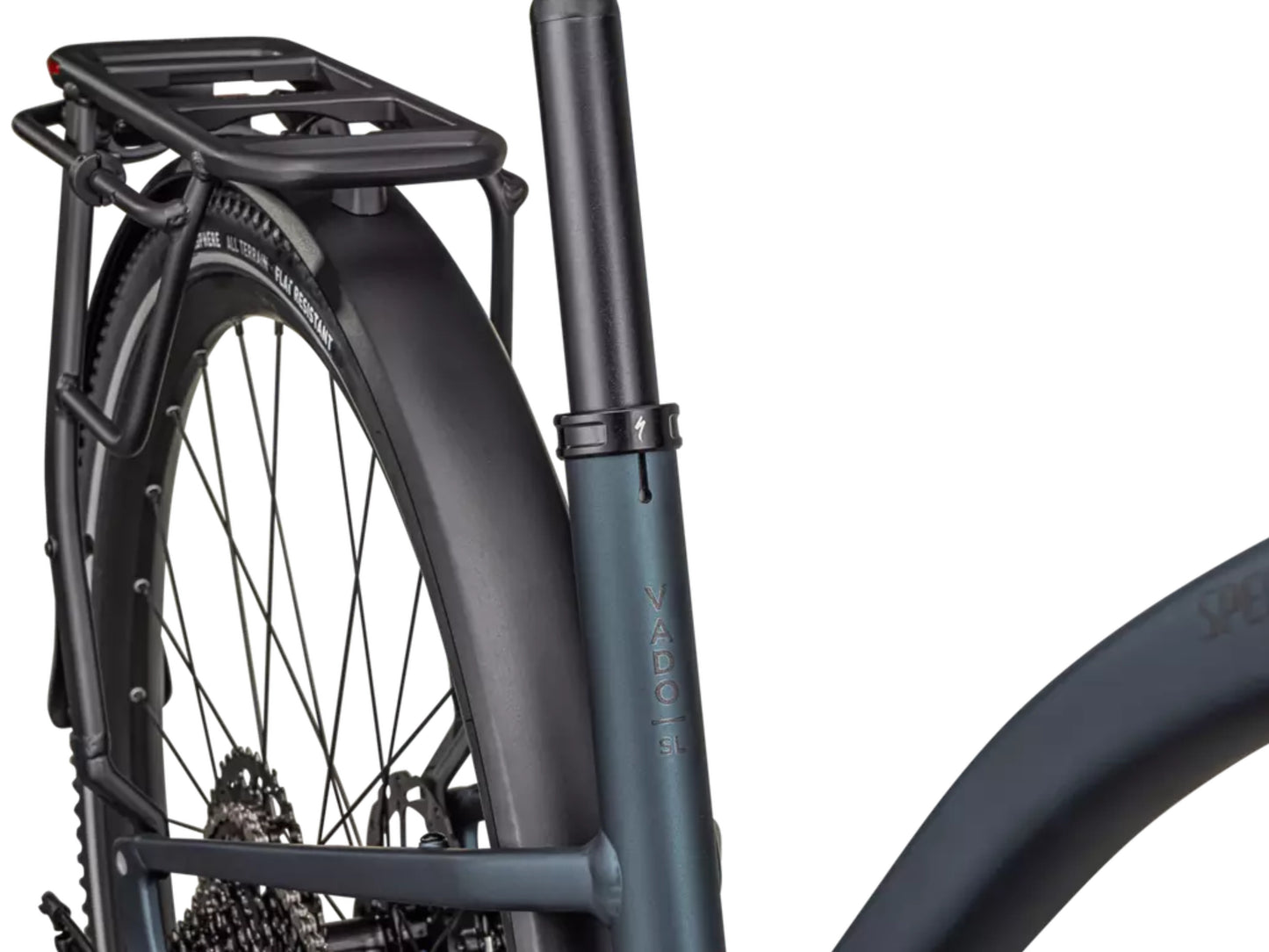 Specialized Turbo Vado SL 2 5.0 Step-Through Lightweight Road / commuter electric bike Satin deep blue metallic Seatpost, fender, rack closeup