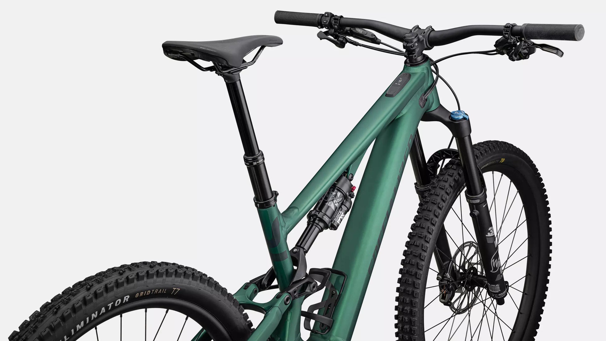 Specialized Turbo Levo SL Comp Alloy Full Suspension eMTB Lightweight Satin forest green / pine green Rear facing view closeup
