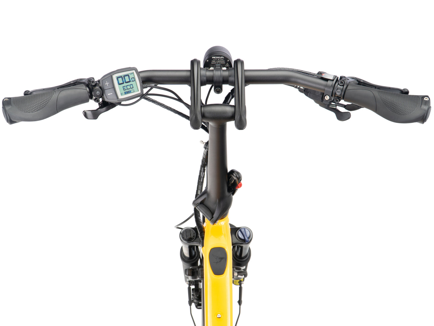 Tern GSD P10 Electric folding Cargo bike School bus yellow Cockpit closeup