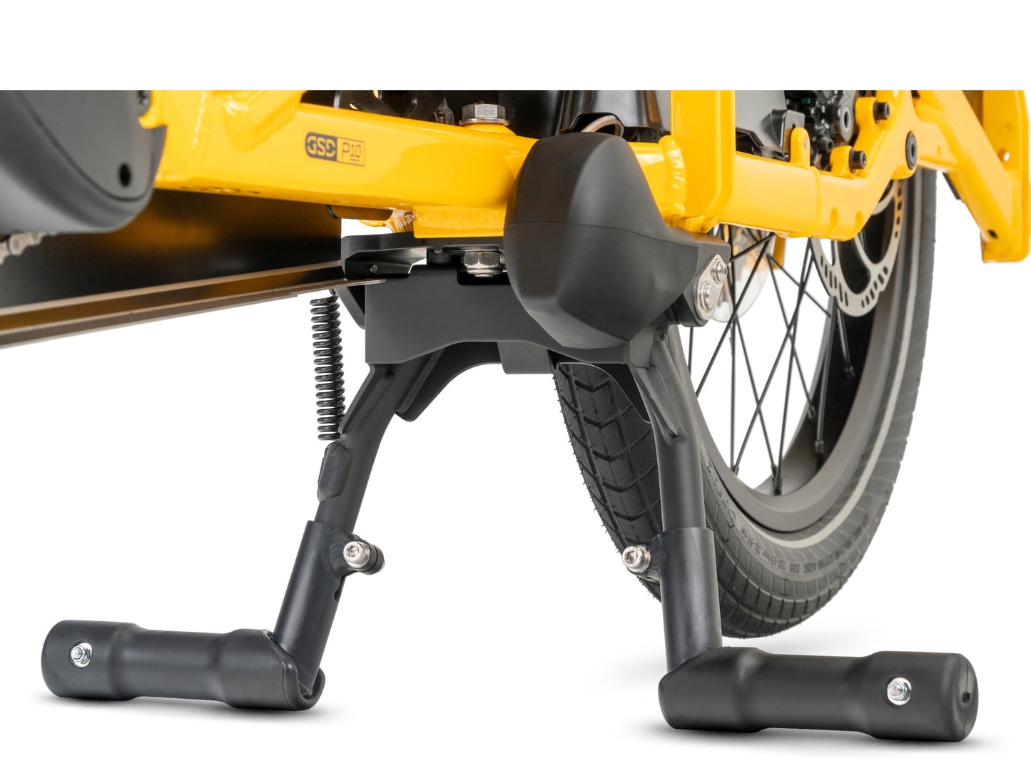 Tern GSD P10 Electric folding Cargo bike School bus yellow Lockstand Kickstand closeup