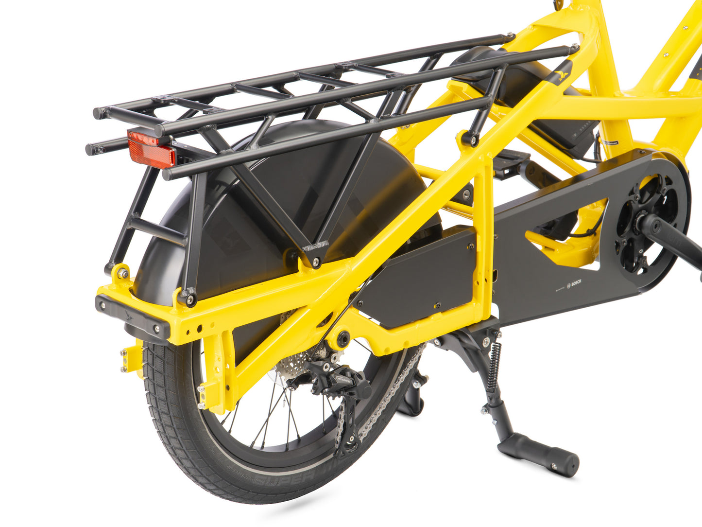 Tern GSD P10 Electric folding Cargo bike School bus yellow Rear rack, rear wheel closeup