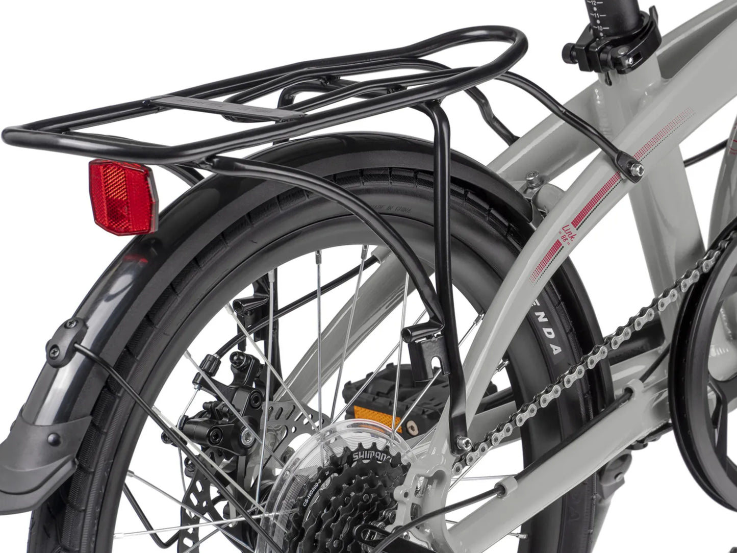 Tern Link B8 Compact folding bike Gloss cement / red Closeup of Rear rack, fenders and components