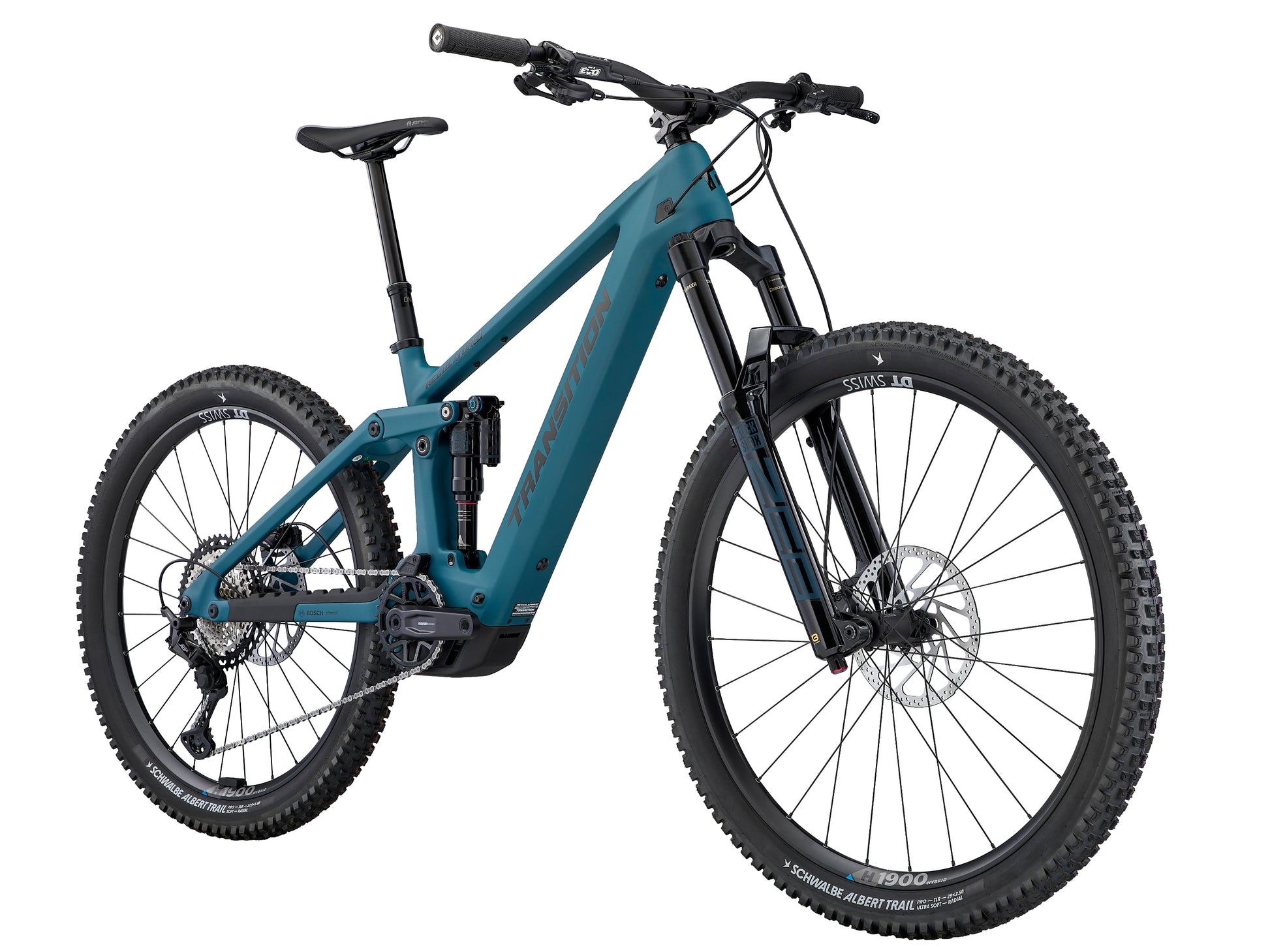 Transition Regulator CX Carbon Deore Full suspension eMTB Salish sea blue Forward facing view