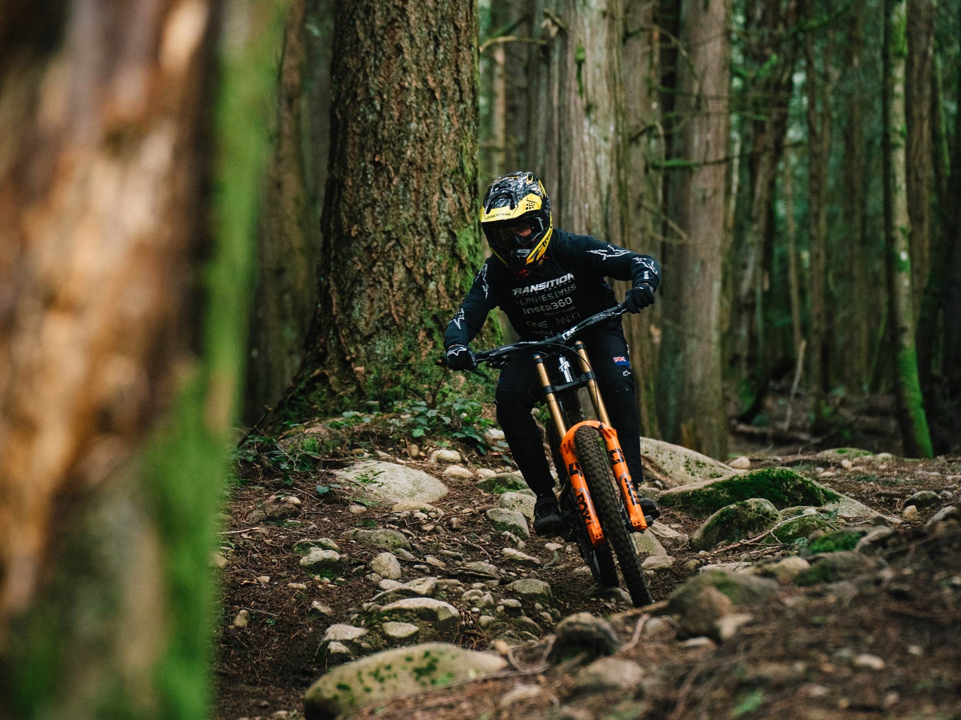 Transition TR11 Alloy GX Full suspension Mountainbike Lifestyle of Rider on Mountain trail