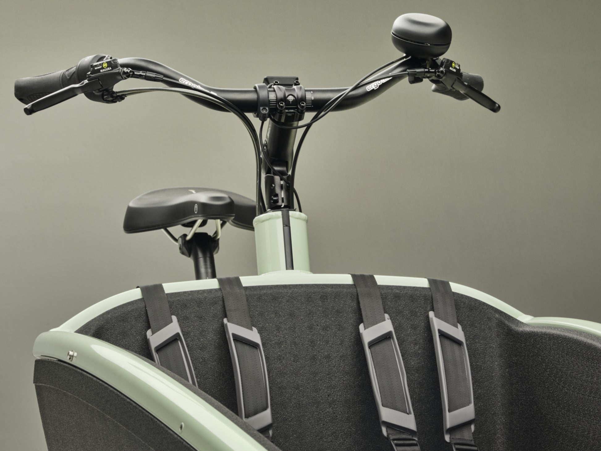 Urban Arrow Family Next Pro Electric Cargo Bike Green / black Headrest & Handlebar closeup