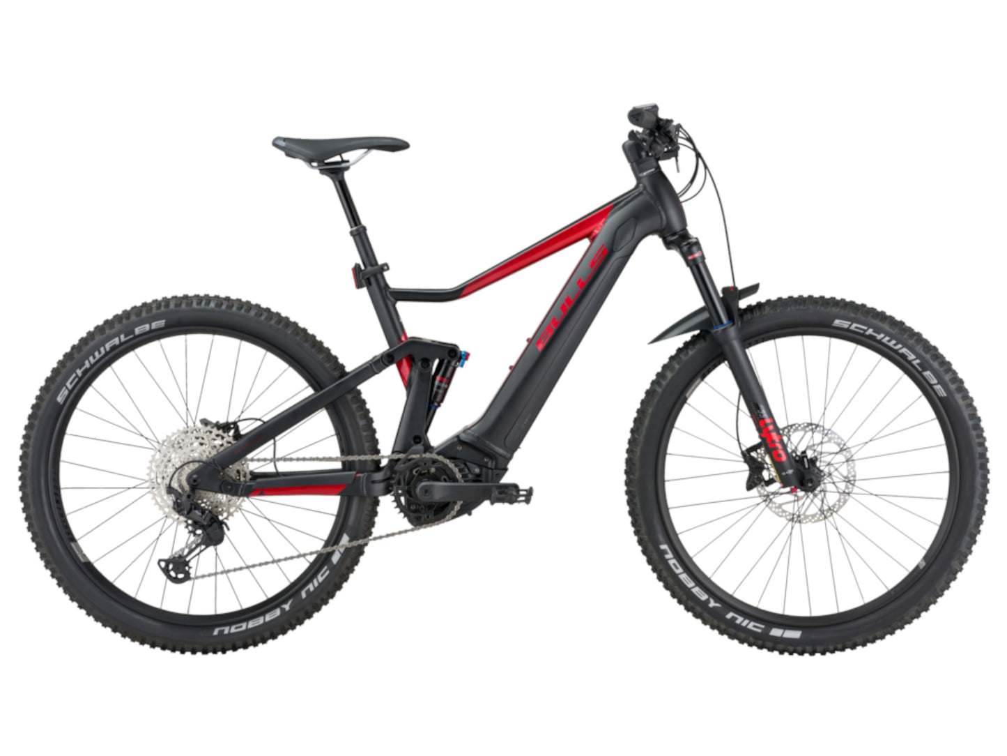 Bulls Aminga EVA TR 1 eMTB full suspension black rouge red side profile white background on Fly Rides