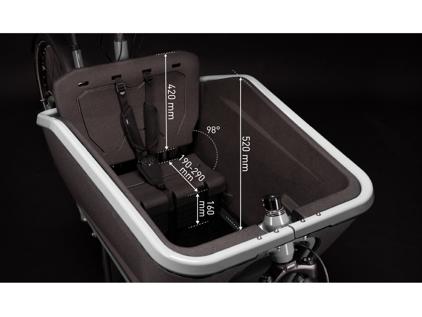 Cube Cargo Sport Hybrid 500 eMTB flashwhite n black closeup cargo area measurements childseat bench