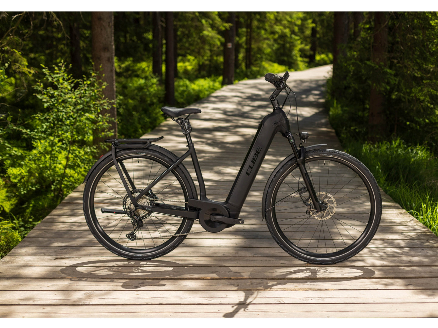 Cube Kathmandu Hybrid EXC 750 Easy Entry eMTB hardtail grey n silver side profile forest in background