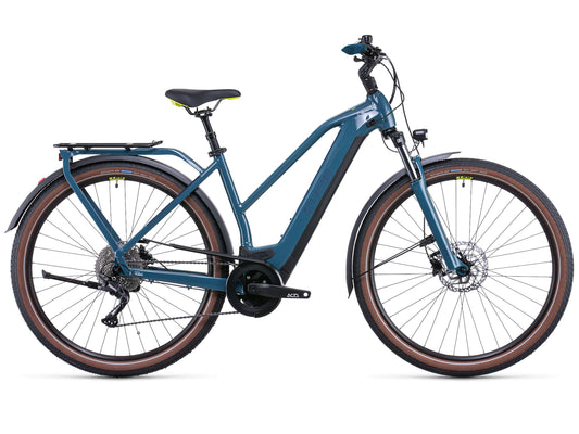 Cube Kathmandu Hybrid One 500 Trapeze Frame electric bike Teal 'n Lime profile white background on Fly Rides