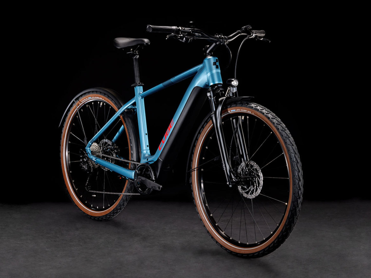 Cube Nuride Hybrid Performance 500 Allroad metalblue n red front right side profile on Fly Rides