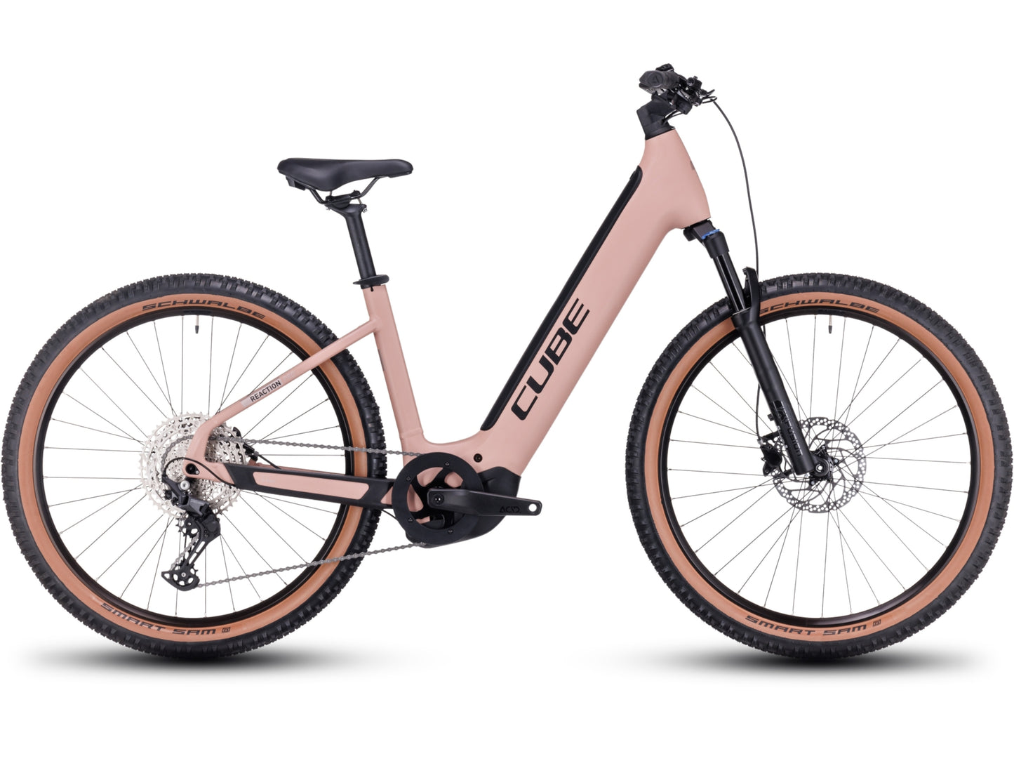 Cube Reaction Hybrid Pro 500 Easy Entry eMTB hardtail blushrose n silver side profile on Fly Rides