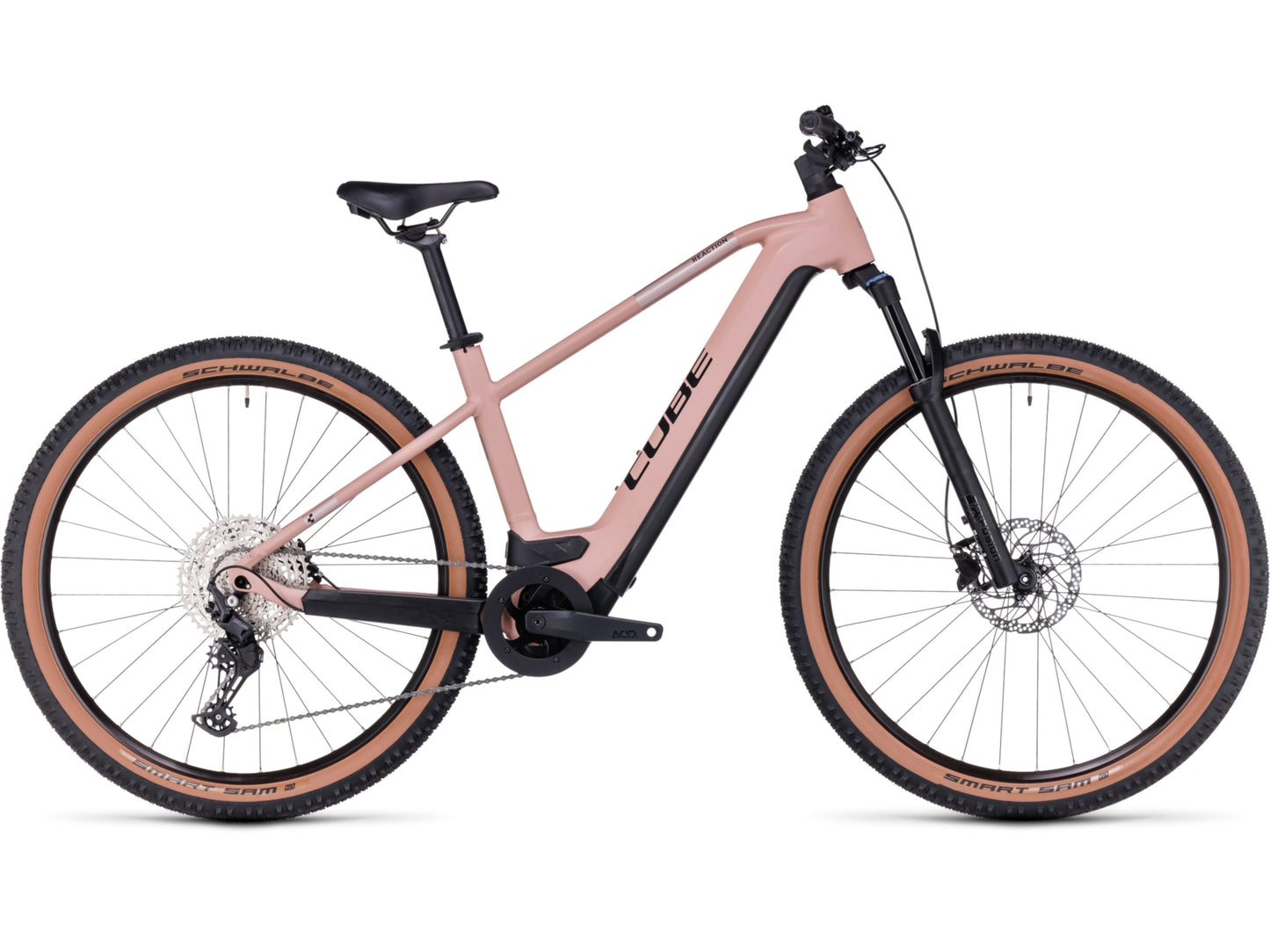 Cube Reaction Hybrid Pro 500 eMTB hardtail blushrose n silver side profile on Fly Rides