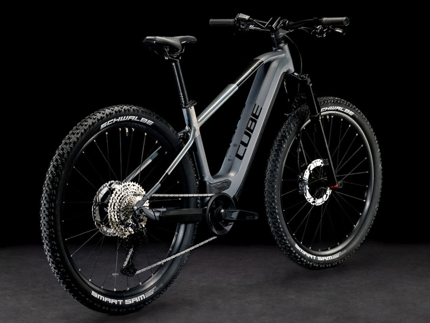 Cube Reaction Hybrid SLT 750 eMTB hardtail Prizmsilver n grey back right side profile on Fly Rides