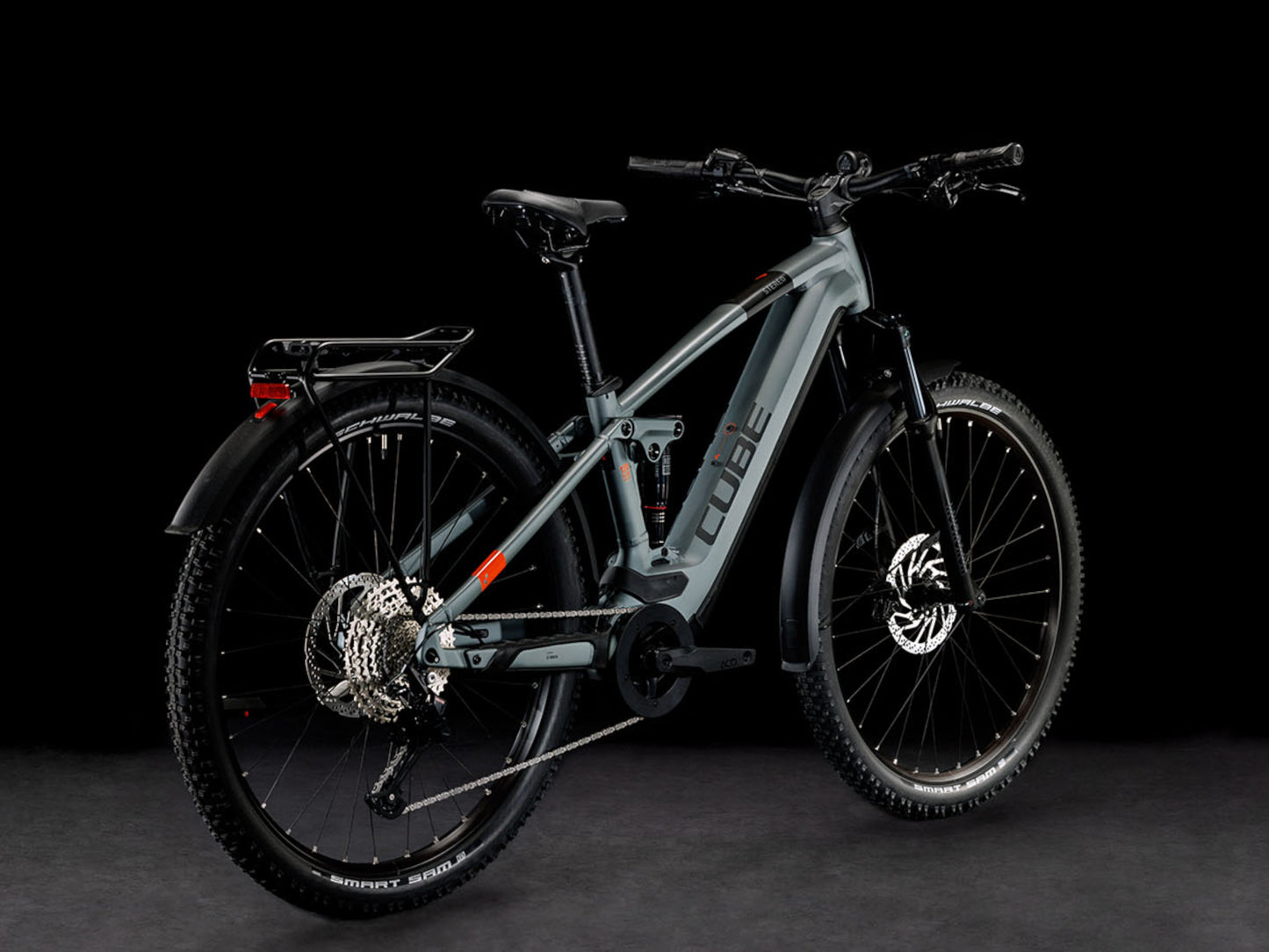 Cube Stereo Hybrid 120 PRO 625 Allroad eMTB full Suspension flashgrey n orange back right side profile on Fly Rides