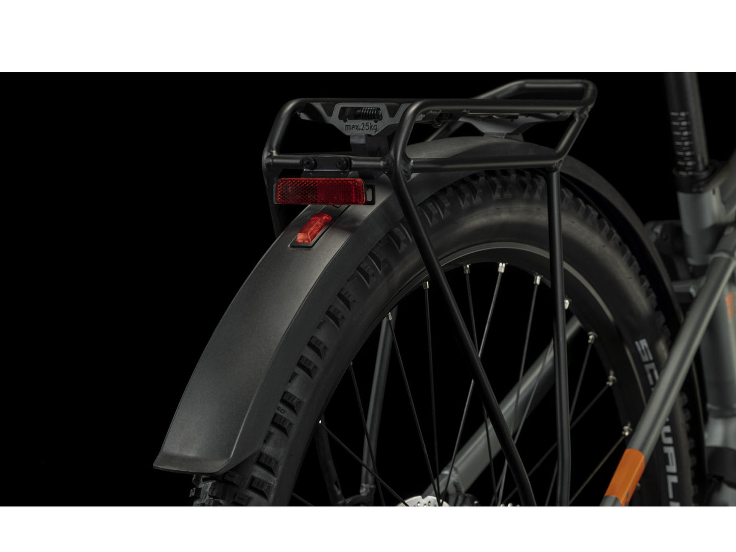 Cube Stereo Hybrid 120 PRO 625 Allroad eMTB full Suspension flashgrey n orange closeup Acid rear carrier wheel