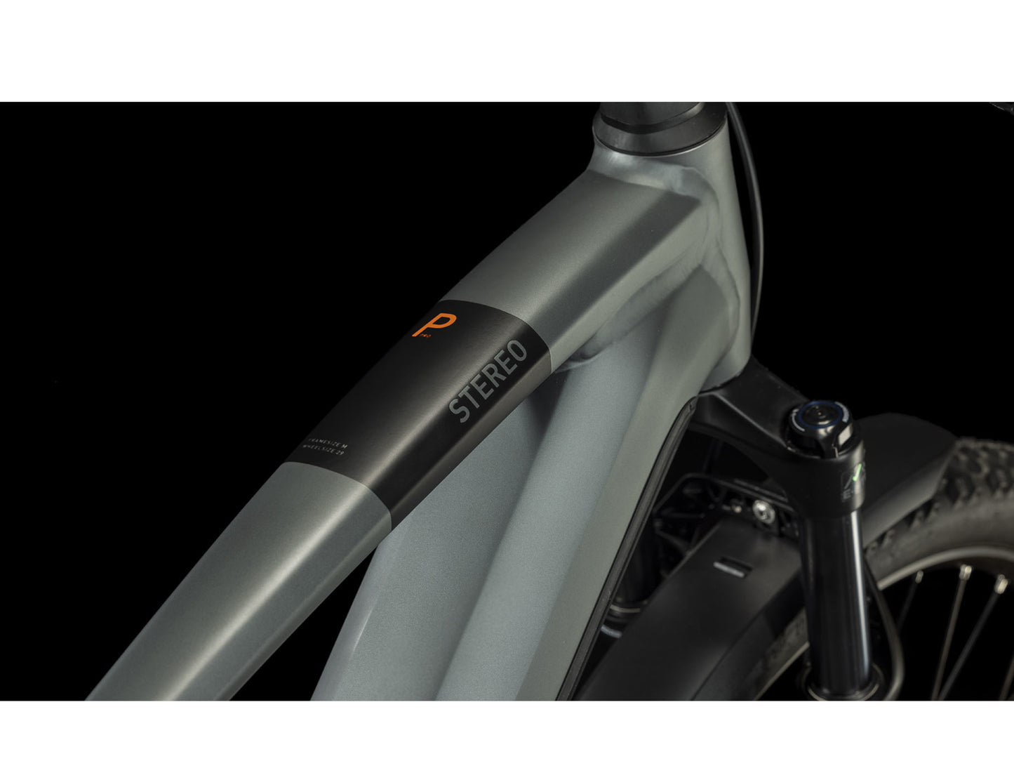 Cube Stereo Hybrid 120 PRO 625 Allroad eMTB full Suspension flashgrey n orange closeup top tube