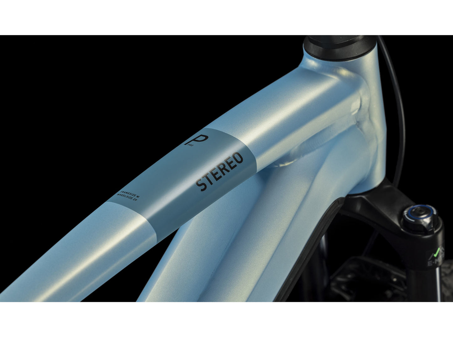 Cube Stereo Hybrid 120 PRO 625 eMTB full Suspension sagemetallic n black closeup top tube