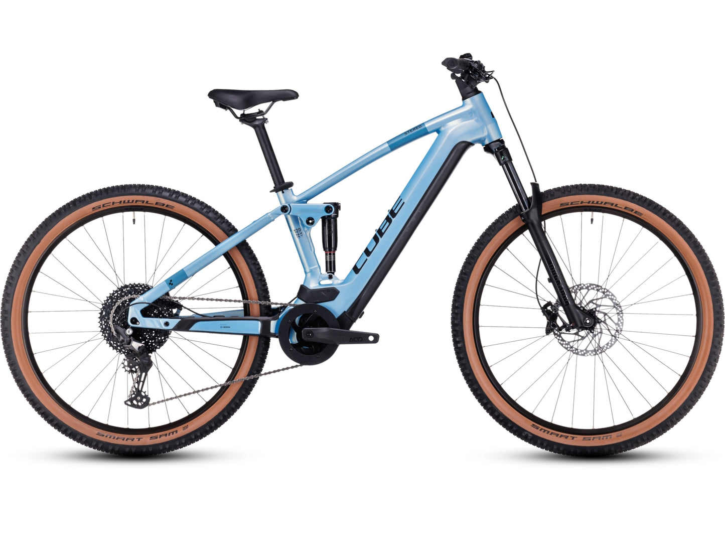 Cube Stereo Hybrid 120 PRO 625 eMTB full Suspension sagemetallic n black side profile on Fly Rides