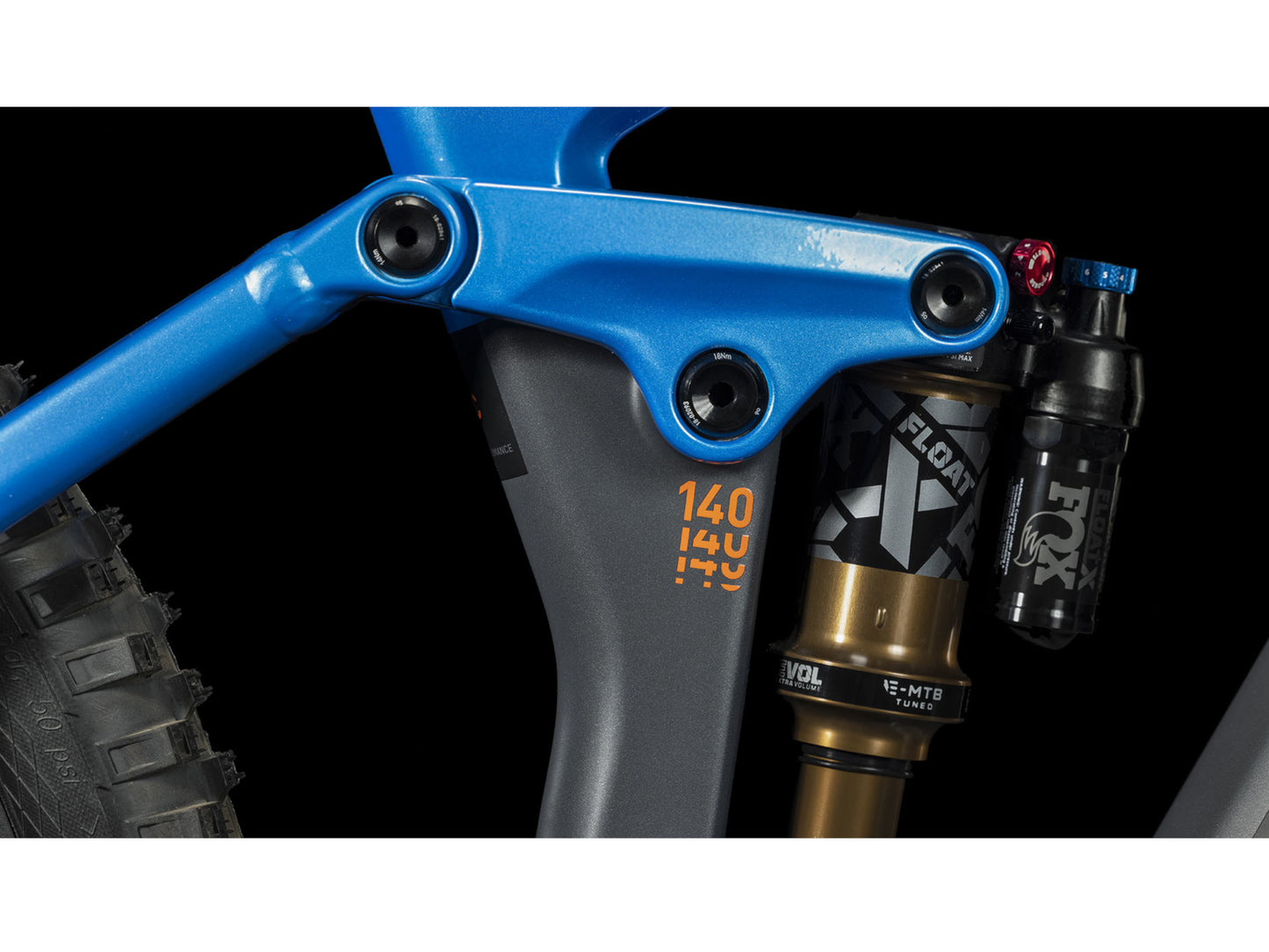 Cube Stereo Hybrid 140 HPC Actionteam 750 eMTB full Suspension closeup rear linkage Fox Float X Factory shock